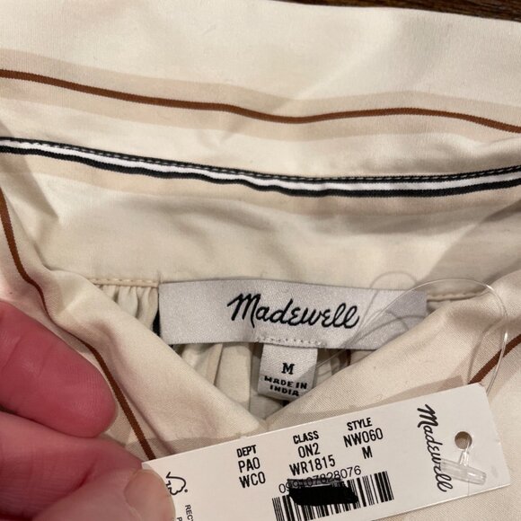 NWT Madewell Sz M Shirred Bubble-Sleeve Button-Up Shirt Poplin Coffee Tan Stripe - Picture 4 of 12